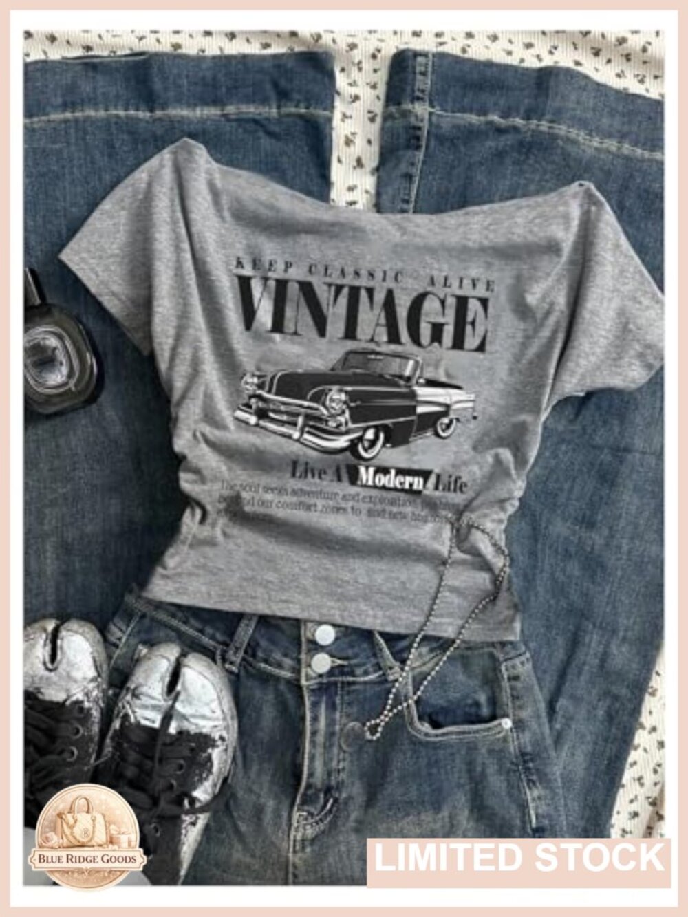 Off Shoulder Y2K Graphic Tee Car Print Short Sleeve Vintage T Shirt - Picture 4 of 4